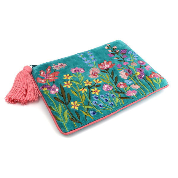 Turquoise Floral Velvet Purse/Pouch