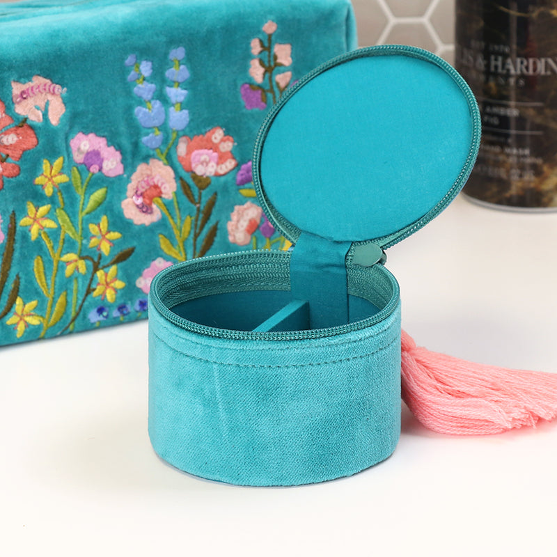 Turquoise Velvet Floral Embellished Trinket box