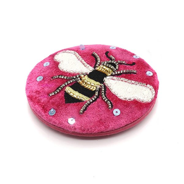 Bright Pink Bee Velvet Pocket Mirror