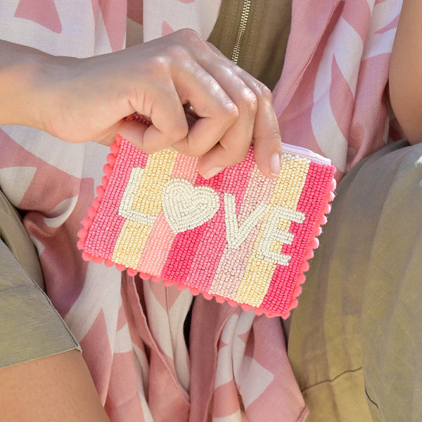 Small Pink Beaded Love Pom-Pom Purse