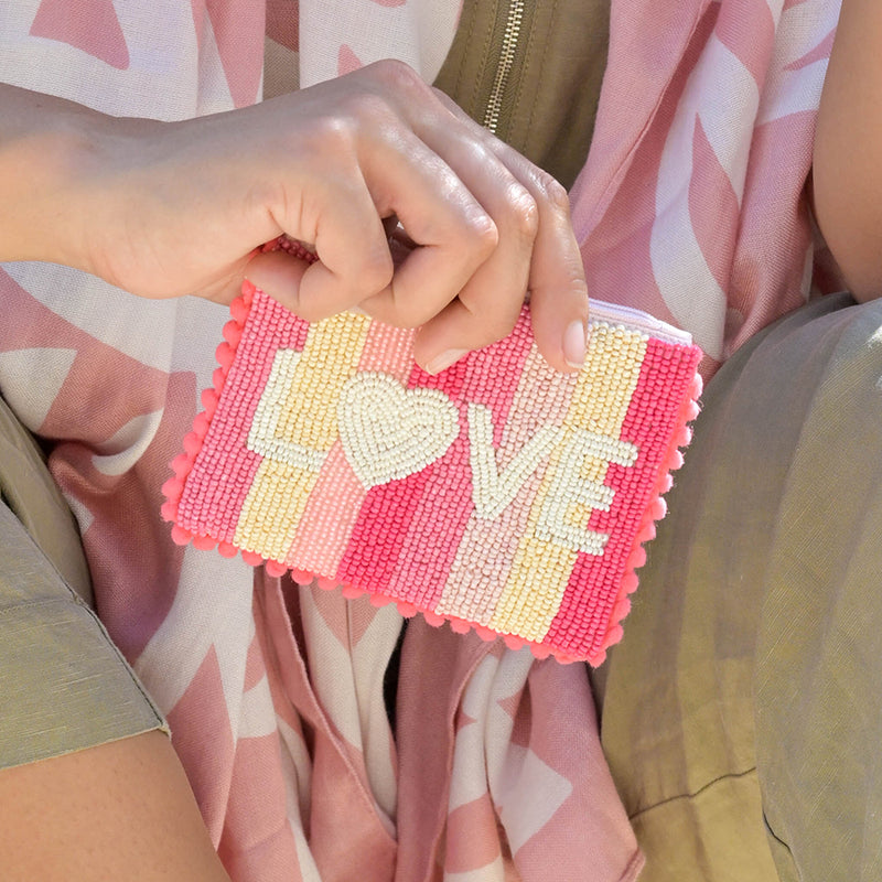 Small Pink Beaded Love Pom-Pom Purse