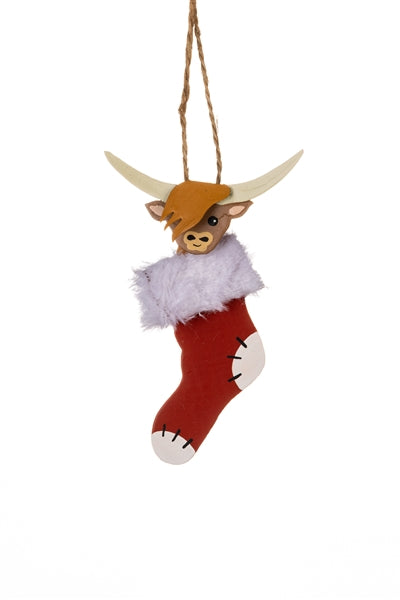 Highland Coo In Stocking Hanging Decoration