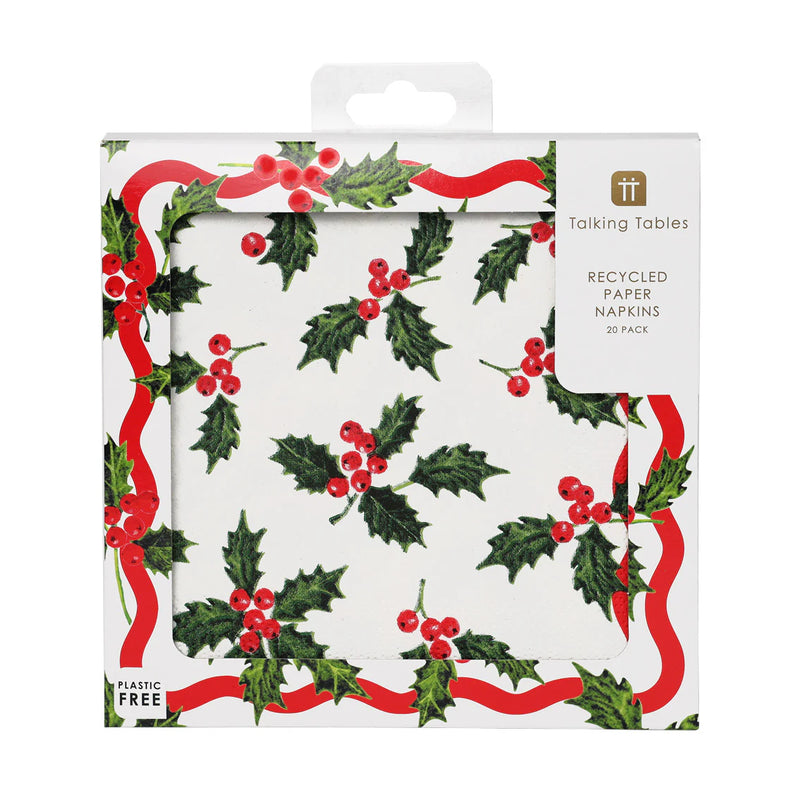 Holly White Christmas Paper Napkins - 20 Pack