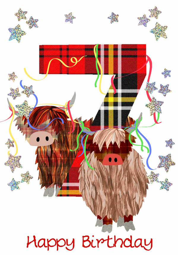 Age 7 Highland Cow Birthday Card