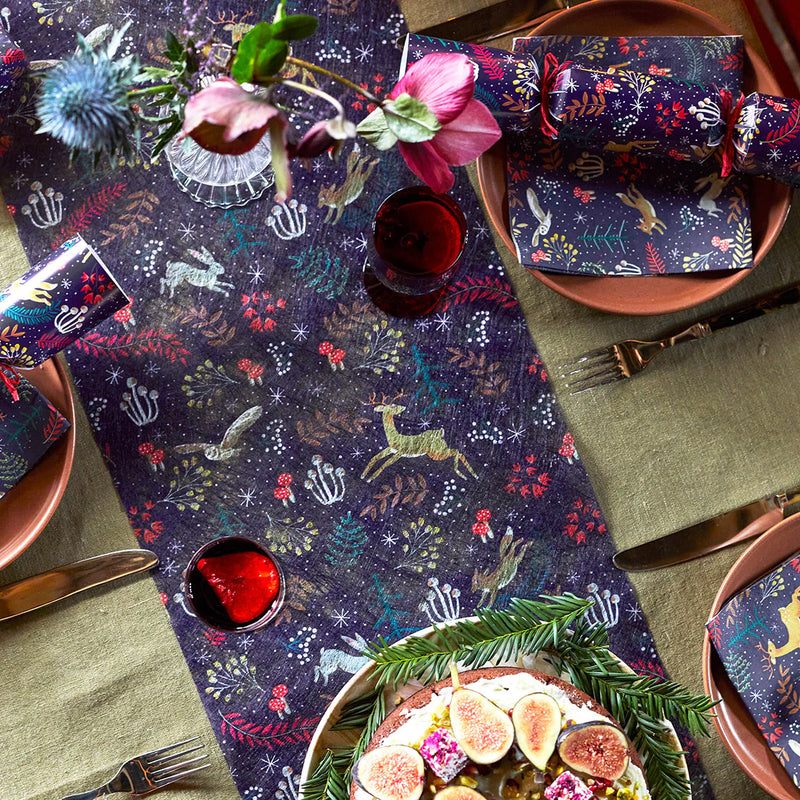 Woodland Flora & Fauna Dark Blue Table Runner