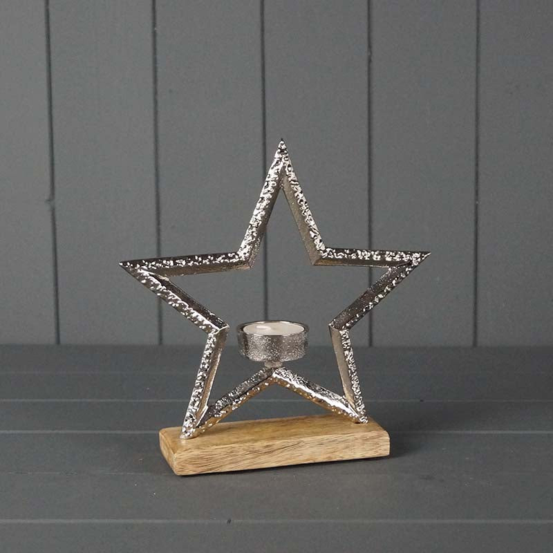 Metal Star Tea Light Holder On Wooden Base