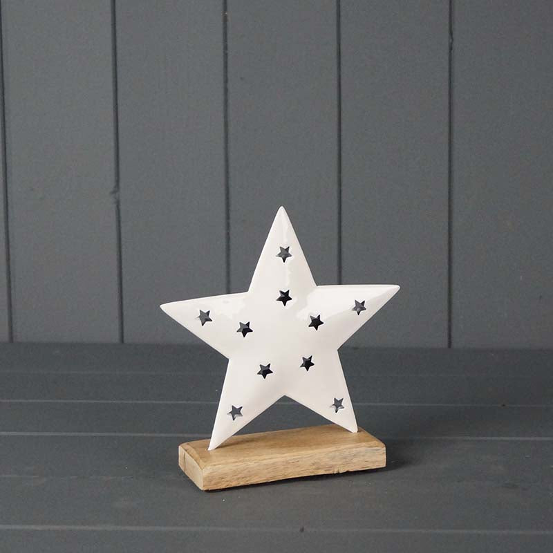 White Enamel Star On Wooden Base