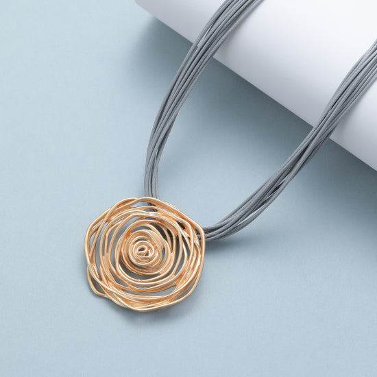 Gold Rose Pendant Grey Rope Necklace