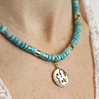 Turquoise Bead Necklace With Golden Star Disc Pendant