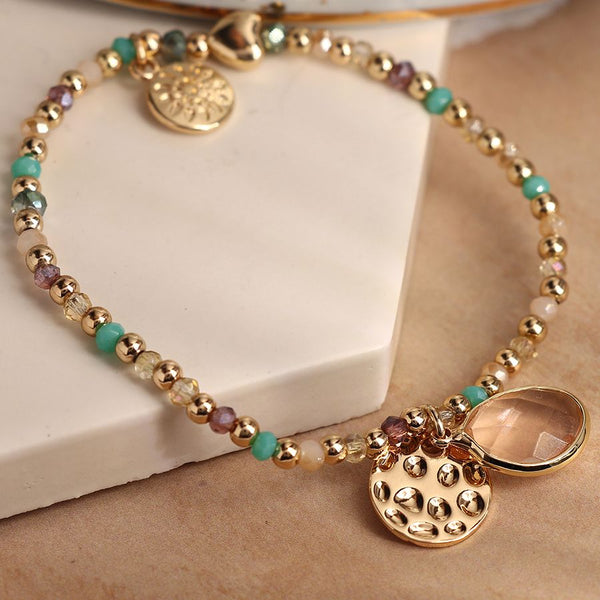 Golden Aqua Mix Bead Bracelet With Disc & Crystal