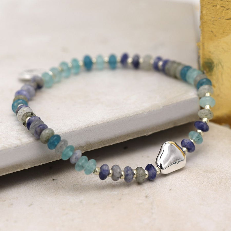 Blue Mixed Bead Bracelet With Silver Plated Pebble