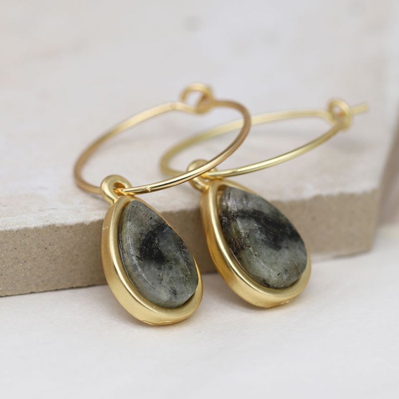 Matt Gold Finish Hoop Earrings With Smoky Agate Teardrop